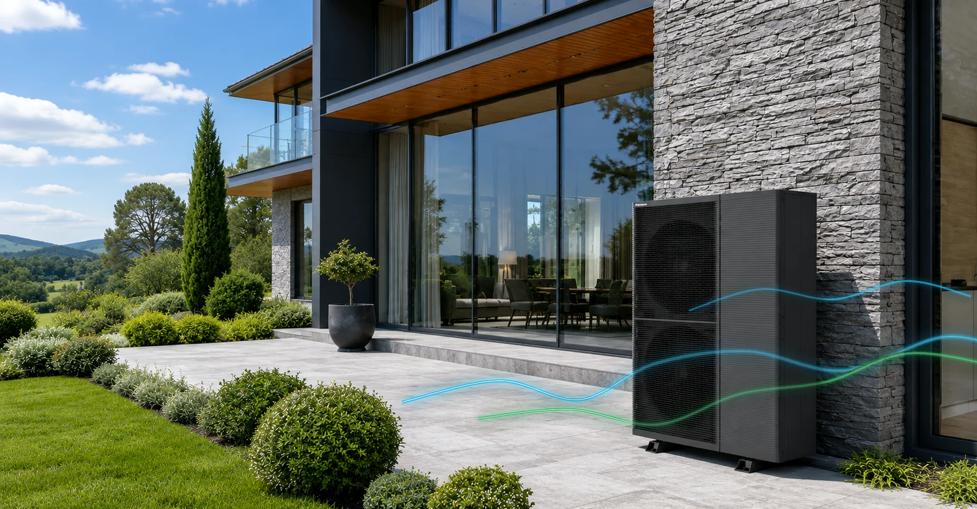 Panasonic M-Series T-CAP air source heat pump outside a modern home.